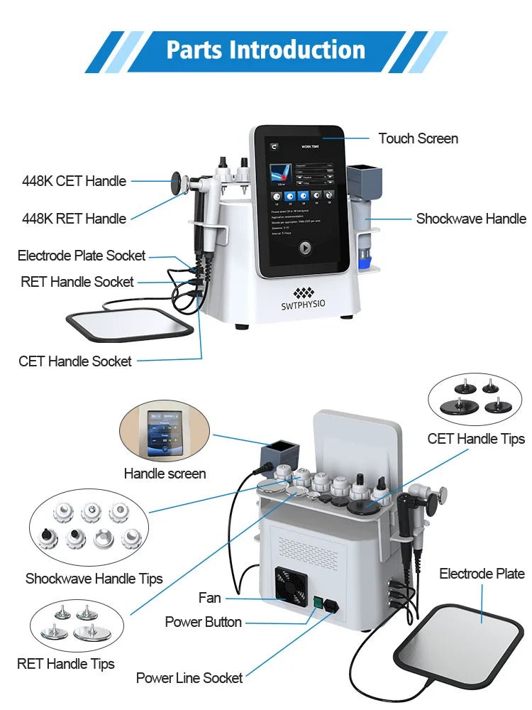 RET CET Tech Physiotherapy Machine Fat Removal Plus Shockwave Therapy with 5 Work Heads Skin Tightening Features - CSTrueBeauty