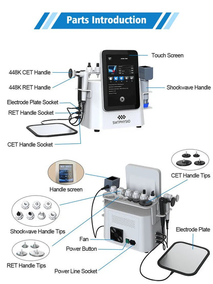 RET CET Tech Physiotherapy Machine Fat Removal Plus Shockwave Therapy with 5 Work Heads Skin Tightening Features - CSTrueBeauty